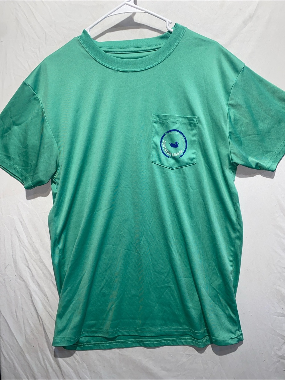 Southern Marsh Seafoam Green Pocket Tee with Blue Logo
